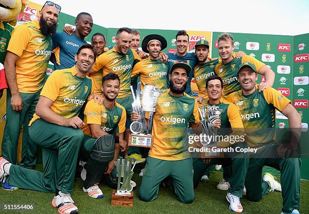 South Africa celebrate winning the KFC T20 International series between South Africa and England at Bidvest Wanderers Stadium on February 21, 2016 in...