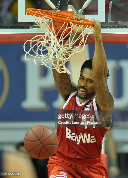 Bryce Taylor of FC Bayern Muenchen dunks the ball during the Beko BBL TOP FOUR Final match between FC Bayern Muenchen and ALBA Berlin at Audi-Dome on...