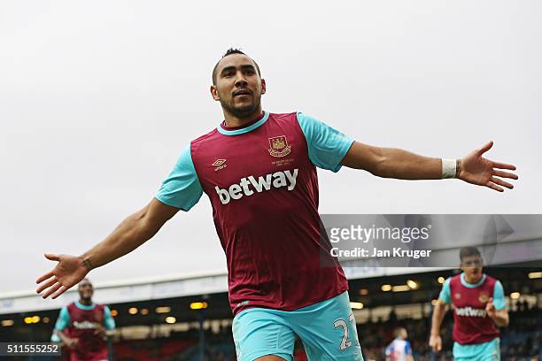 Dimitri Payet of West Ham United celebrates after scoring his team's fifth goal during The Emirates FA Cup fifth round match between Blackburn Rovers...