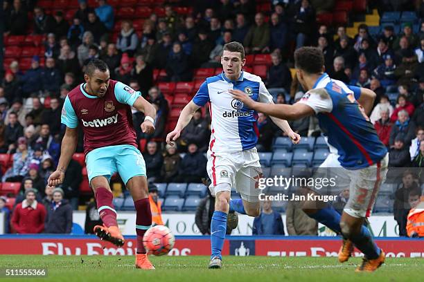 Dimitri Payet of West Ham United scores his team's fifth goal during The Emirates FA Cup fifth round match between Blackburn Rovers and West Ham...