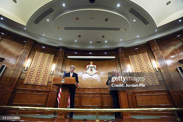 Secretary of Sate John Kerry holds a press conference with Jordanian Foreign Minister Nasser Judeh on February 21, 2016 in Amman, Jordan. While in...