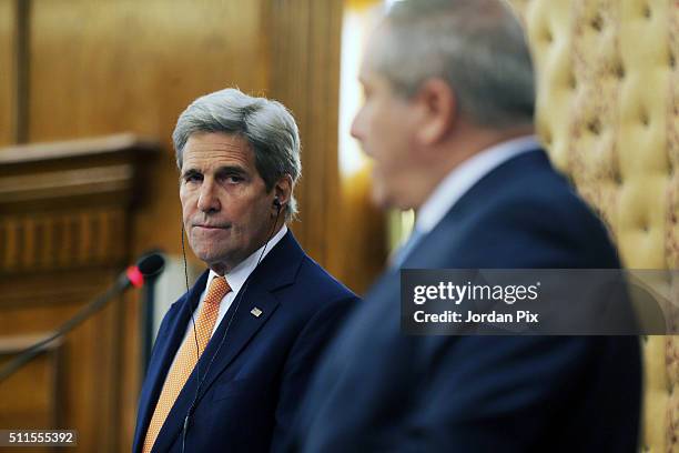 Secretary of Sate John Kerry holds a press conference with Jordanian Foreign Minister Nasser Judeh on February 21, 2016 in Amman, Jordan. While in...