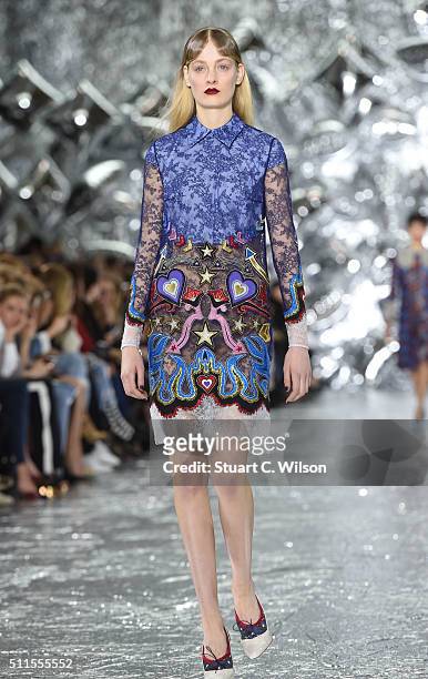 Models walk the runway at the Mary Katrantzou show during London Fashion Week Autumn/Winter 2016/17 at Central Saint Martins on February 21, 2016 in...