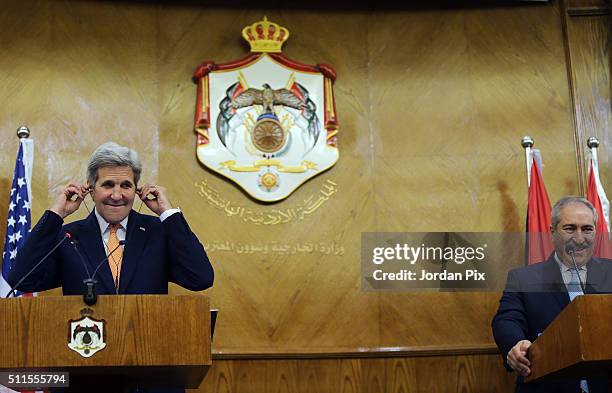 Secretary of Sate John Kerry holds a press conference with Jordanian Foreign Minister Nasser Judeh on February 21, 2016 in Amman, Jordan. While in...