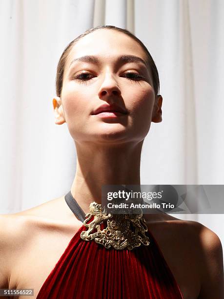 Model pose wearing Ralph Lauren Fall 2016 during New York Fashion Week: The Shows at Skylight Clarkson Sq on February 18, 2016 in New York City.