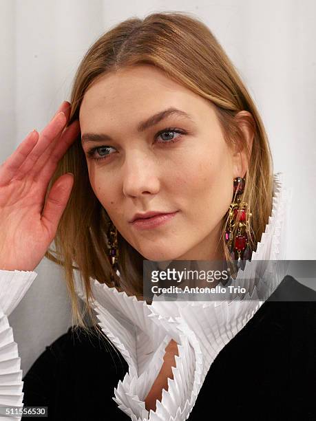 Model Karlie Kloss pose wearing Ralph Lauren Fall 2016 during New York Fashion Week: The Shows at Skylight Clarkson Sq on February 18, 2016 in New...