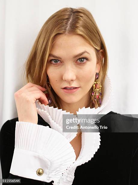 Model Karlie Kloss pose wearing Ralph Lauren Fall 2016 during New York Fashion Week: The Shows at Skylight Clarkson Sq on February 18, 2016 in New...