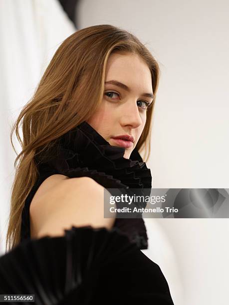 Model pose wearing Ralph Lauren Fall 2016 during New York Fashion Week: The Shows at Skylight Clarkson Sq on February 18, 2016 in New York City.