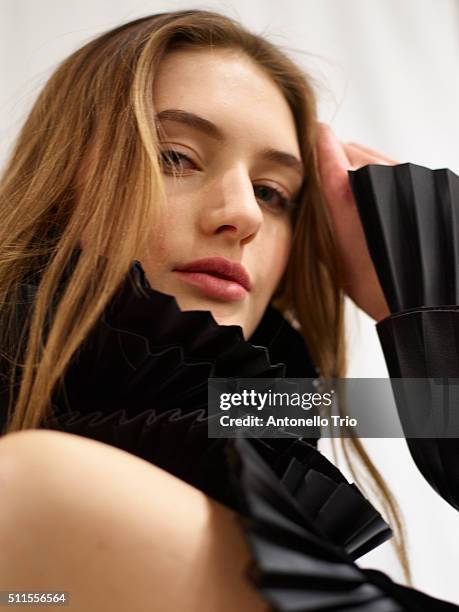 Model pose wearing Ralph Lauren Fall 2016 during New York Fashion Week: The Shows at Skylight Clarkson Sq on February 18, 2016 in New York City.