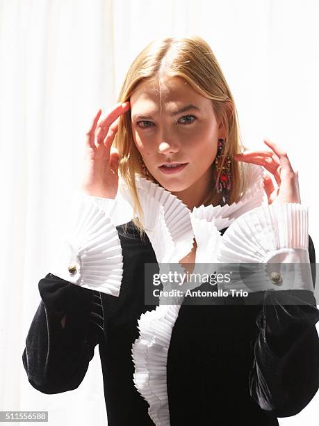 Model Karlie Kloss pose wearing Ralph Lauren Fall 2016 during New York Fashion Week: The Shows at Skylight Clarkson Sq on February 18, 2016 in New...