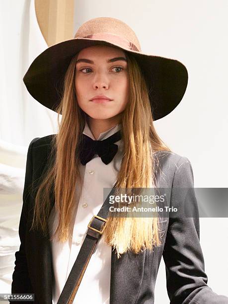 Model pose wearing Ralph Lauren Fall 2016 during New York Fashion Week: The Shows at Skylight Clarkson Sq on February 18, 2016 in New York City.
