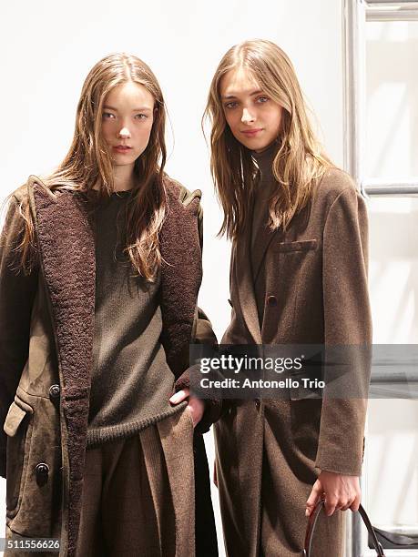 Models poses wearing Ralph Lauren Fall 2016 during New York Fashion Week: The Shows at Skylight Clarkson Sq on February 18, 2016 in New York City.