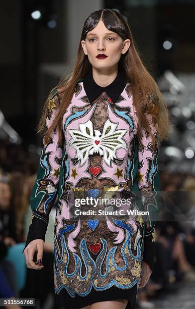 Models walk the runway at the Mary Katrantzou show during London Fashion Week Autumn/Winter 2016/17 at Central Saint Martins on February 21, 2016 in...