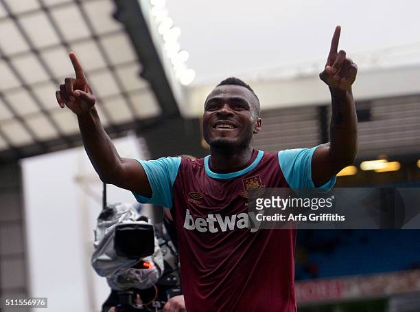 Emmanuel Emenike of West Ham United celebrates his second goal during The Emirates FA Cup Fifth Round match between Blackburn Rovers and West Ham...