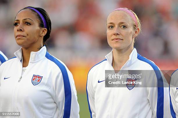 Sydney Leroux and Becky Sauerbrunn of the U.S. Women's national team look on prior to their match against the Swiss women's national team at WakeMed...