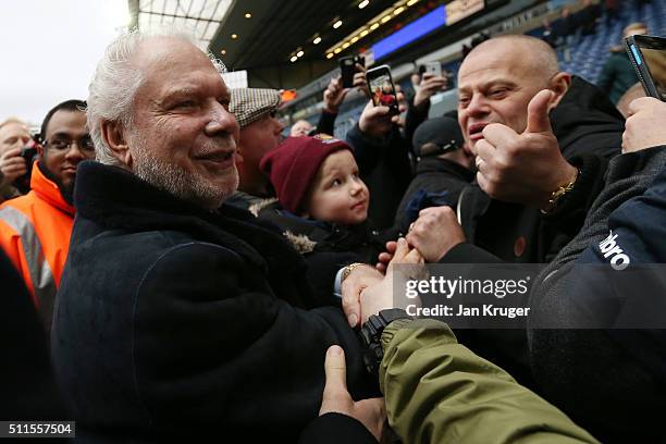 David Gold the joint West Ham Chairman celebrates his team's 5-1 victory with the travelling fans The Emirates FA Cup fifth round match between...