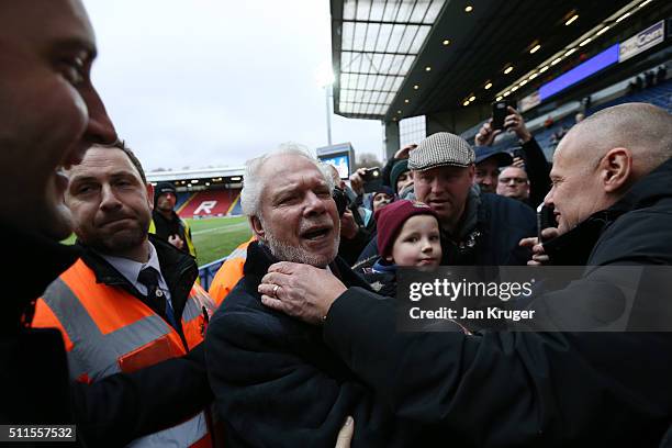 David Gold the joint West Ham Chairman celebrates his team's 5-1 victory with the travelling fans The Emirates FA Cup fifth round match between...