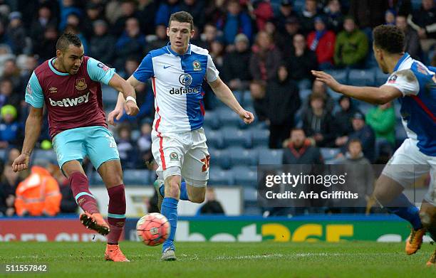 Dimitri Payet of West Ham United scores his second goal during The Emirates FA Cup Fifth Round match between Blackburn Rovers and West Ham United at...