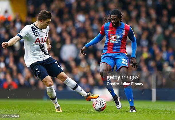 Emmanuel Adebayor of Crystal Palace takes on Kevin Wimmer of Tottenham Hotspur during the Emirates FA Cup Fifth Round match between Tottenham Hotspur...
