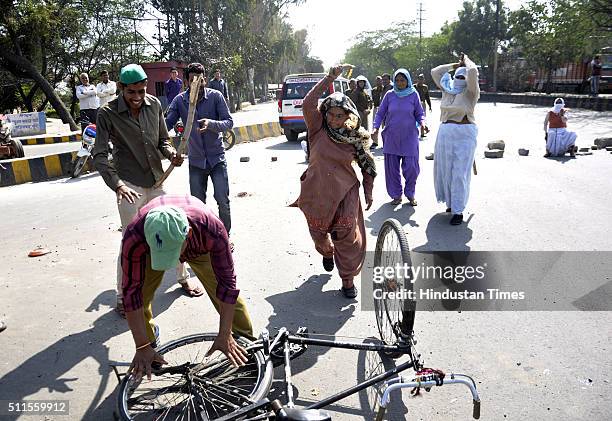 Jat community protests on the roads demanding reservations in government services, on February 21, 2016 in Ghaziabad, India. Jat protests demanding...