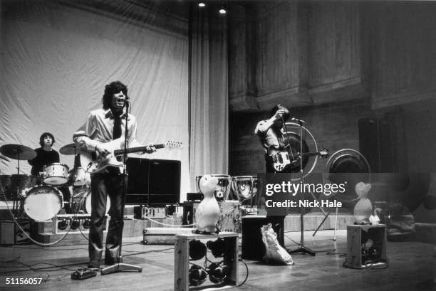 British psychedelic rock group Pink Floyd during rehearsals for the group's first concept show 'Games for May' at the Queen Elizabeth Hall in London,...