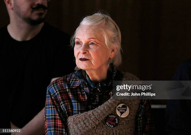 Dame Vivienne Westwood watches rehearsals ahead of her show during London Fashion Week Autumn/Winter 2016/17 at Royal College of Surgeons on February...