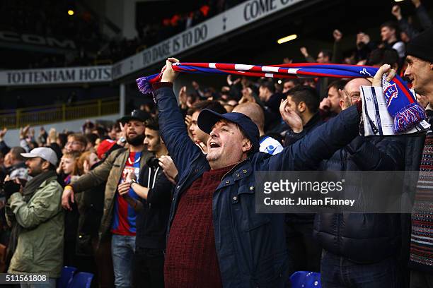 Crystal Palace fans celebrate after the Emirates FA Cup Fifth Round match between Tottenham Hotspur and Crystal Palace at White Hart Lane on February...