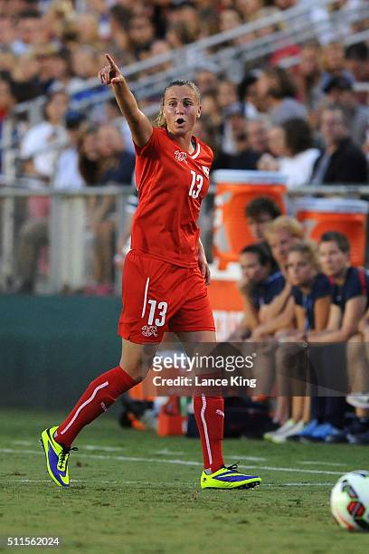 Ana-Maria Crnogorcevic of the Swiss women's national team in action against the U.S. Women's national team at WakeMed Soccer Park on August 20, 2014...