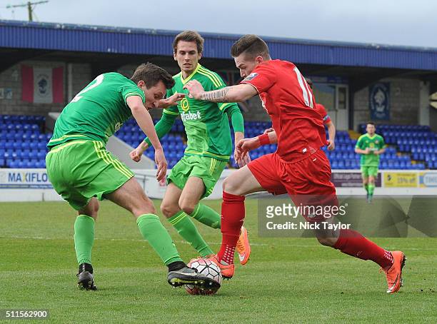 Ryan Kent of Liverpool and Joshua Robson of Sunderland in action during the Liverpool v Sunderland Barclays U21 Premier League game at the Lookers...