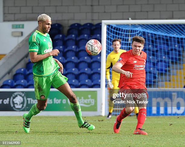 Joe Maguire of Liverpool and Mikael Mandron of Sunderland in action during the Liverpool v Sunderland Barclays U21 Premier League game at the Lookers...