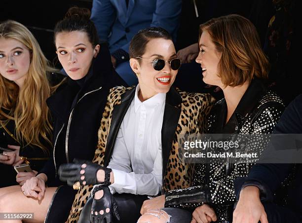 Anais Gallagher, Anna Brewster, Noomi Rapace and Ellinor Olovsdotter sit in the front row at the Mulberry LFW Autumn/Winter 2016 Show at The...
