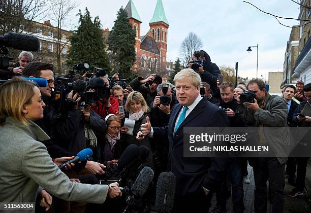 London Mayor Boris Johnson delivers a statement to the media regarding his position on the forthcoming EU referendum outside his home in London on...