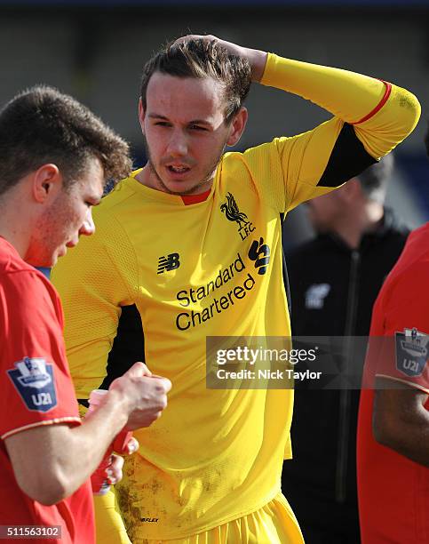 Daniel Ward of Liverpool talks to team mate Joe Maguire after the Liverpool v Sunderland Barclays U21 Premier League game at the Lookers Vauxhall...