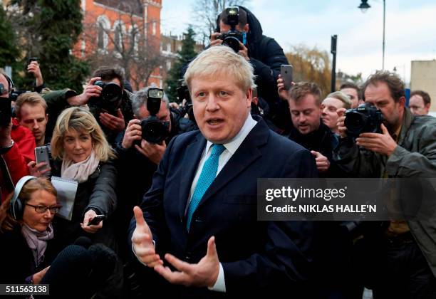 London Mayor Boris Johnson delivers a statement to the media regarding his position on the forthcoming EU referendum outside his home in London on...