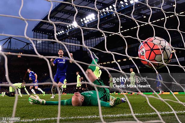 Branislav Ivanovic of Chelsea celebrates after teammate Gary Cahill of Chelsea scores his team's third goal past goalkeeper Wilfredo Caballero of...