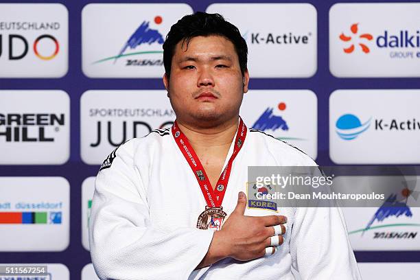 Sung-Min Kim of South Korea poses after winning the bronze medal in the Mens +100kg during the Dusseldorf Judo Grand Prix held at Mitsubishi Electric...