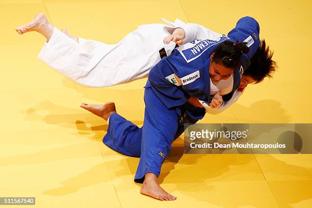Song Yu of China and Maria Suelen Altheman of Brazil compete during the Dusseldorf Judo Grand Prix in their Womens +78kg Gold medal match held at...