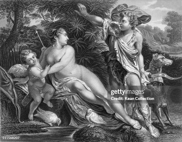 Roman goddess of love and beauty, Venus, and Greek mythology god of beauty and desire, Adonis. From an original engraving by W. French after a...