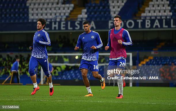 Alexandre Pato, Ruben Loftus-Cheek, Matt Miazga of Chelsea take part in a training session at the end of the Emirates FA Cup match between Chelsea...