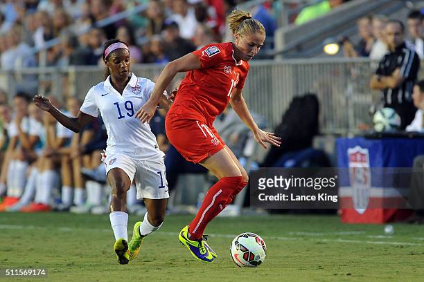 Ana-Maria Crnogorcevic of the Swiss women's national team in action against Crystal Dunn of the U.S. Women's national team at WakeMed Soccer Park on...