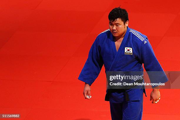 Sung-Min Kim of South Korea celebrates victory over Andrey Volkov of Russia during the Dusseldorf Judo Grand Prix in their Mens +100kg Bronze Medal...