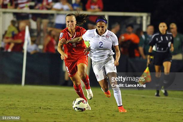 Sydney Leroux of the U.S. Women's national team in action against Lia Walti of the Swiss women's national team at WakeMed Soccer Park on August 20,...