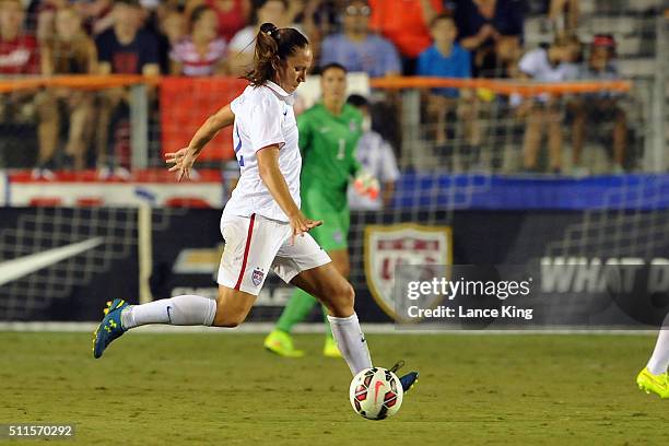 Lauren Holiday of the U.S. Women's national team in action against the Swiss women's national team at WakeMed Soccer Park on August 20, 2014 in Cary,...