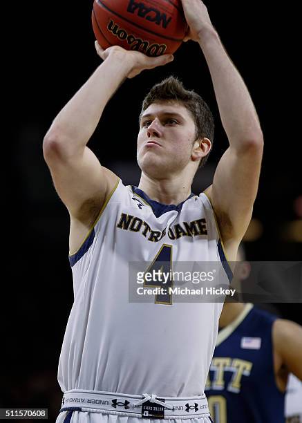 Matt Ryan of the Notre Dame Fighting Irish shoots a free throw during the game against the Pittsburgh Panthers at Purcell Pavilion on January 9, 2016...