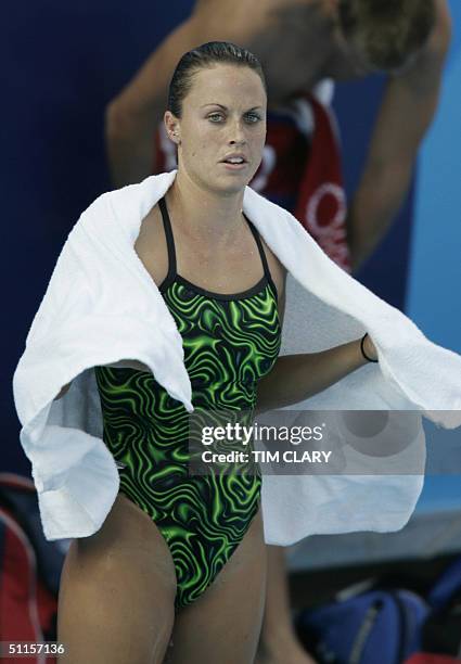 Amanda Beard finishes her training session 10 August 2004 at the Olympic Aquatic Center, three days before the beginning of the 2004 Olympic Games....