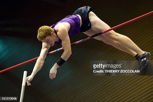 Shawn Barber of US clears the bar at 5,91m altitude during the first edition of the All-star pole vault competition in Clermont-Ferrand, France, on...