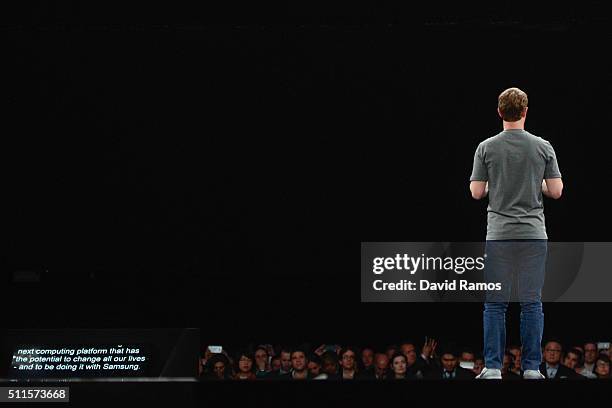 Founder and CEO of Facebook Mark Zuckerber gives his speach during the presentation of the new Samsung Galaxy S7 and Samsung Galaxy S7 edge on...