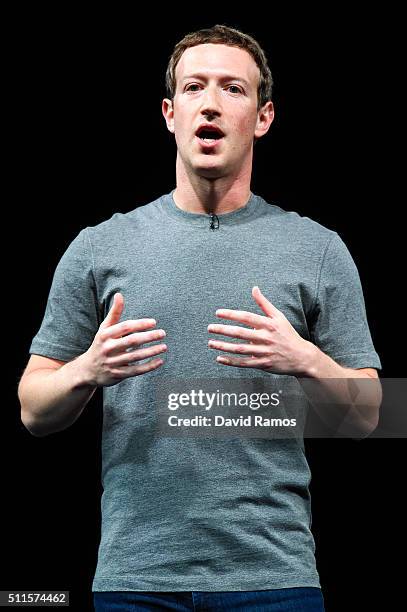 Founder and CEO of Facebook Mark Zuckerber gives his speach during the presentation of the new Samsung Galaxy S7 and Samsung Galaxy S7 edge on...