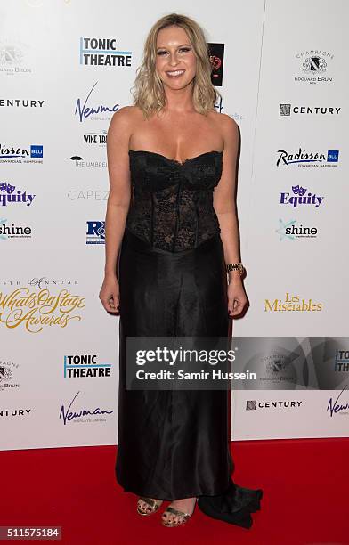 Brooke Kinsella arrives for the WhatsOnStage Awards at Prince Of Wales Theatre on February 21, 2016 in London, England.