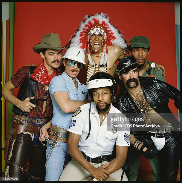 Portrait of the original members of the American disco group The Village People, from left to right: Randy Jones ; David Hodo ; Felipe Rose ; Victor...